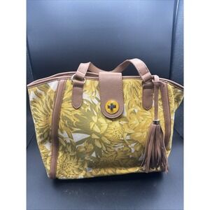 Isaac Mizrahi Bridgehampton Satchel Yellow Floral Print Canvas Vegan Leather